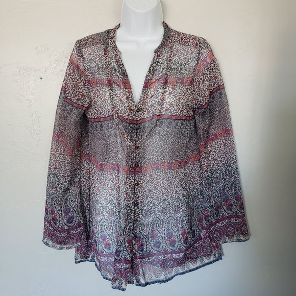 Converse XS Chiffon Semi-sheer Long Sleeve Shirt Button Up Paisley Pattern Top - Picture 1 of 8